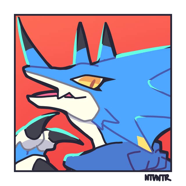Example of a Skeb Style Icon artwork showing a headshot drawing of Kausgammamon from Digimon.