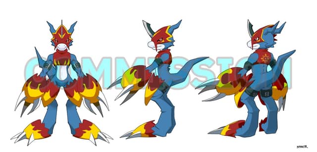 Example of a Standard Rendered reference sheet of Flamedramon from Digimon.