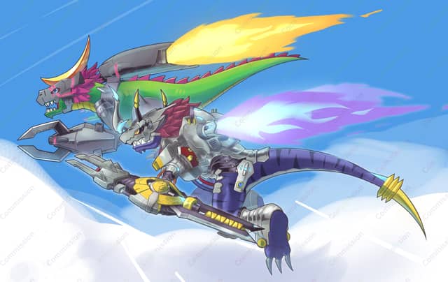 Example of a Standard Rendered artwork showing 2 full body complex designs, MonarchLizarmon and MetalGreymon X Antibody from Digimon.